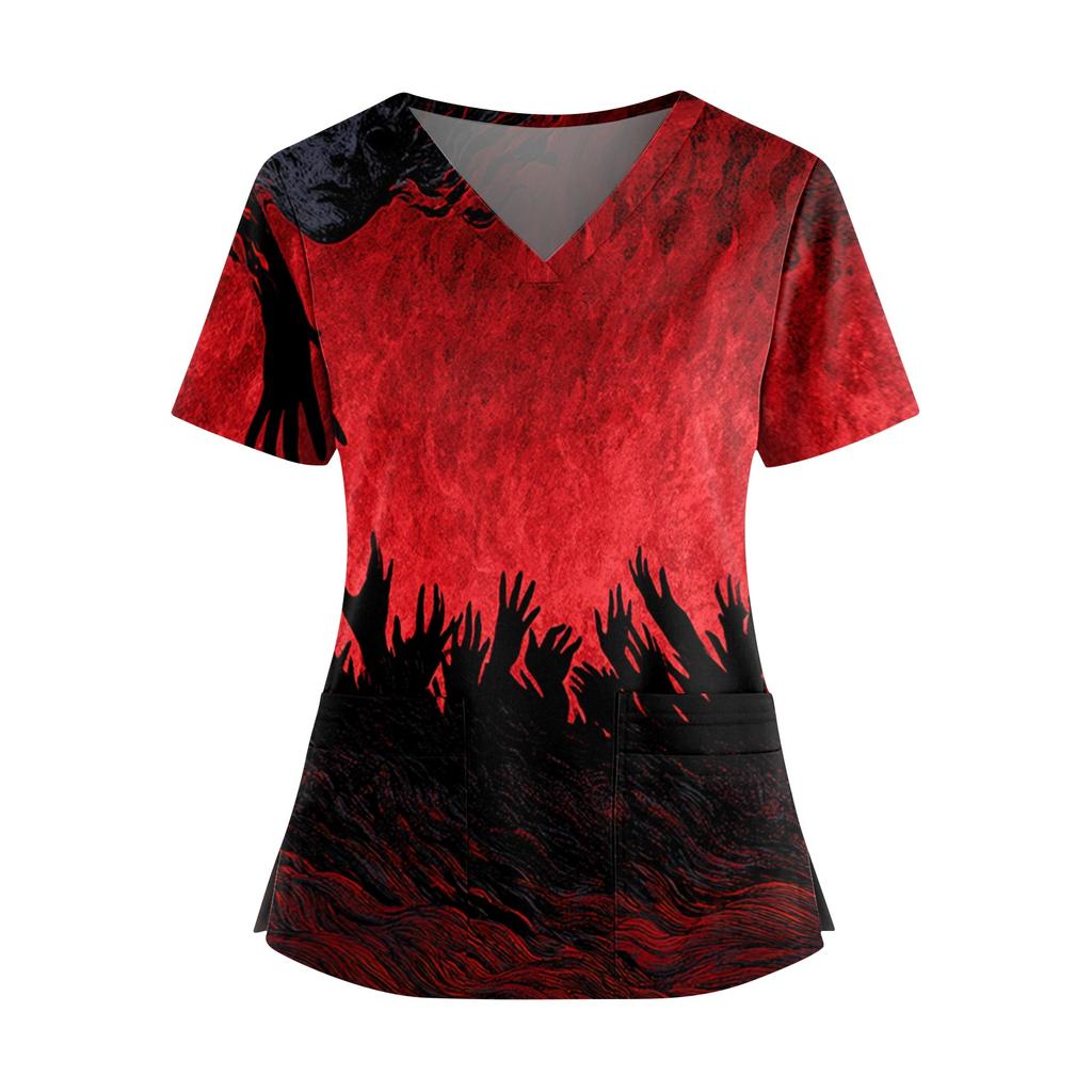 Halloween Print V Neck Short Sleeve Nurse Scrub Top with Double Pockets and Side Slit Hem for Healthcare Workers and Caregivers