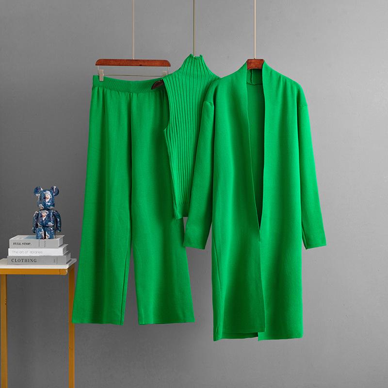 

Women s Solid Color Knit Three-Piece Set - Sleeveless Vest, Cardigan, Pants One Size зелений
