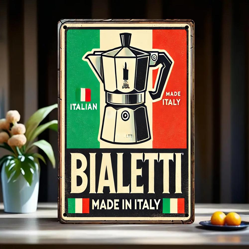 

1 Винтажная итальянская металлическая вывеска Bialetti для эспрессо Рустикальный настенный декор с цветами флага Идеально для кухни Кафе 20x30cm（7.8x11.8inch）
