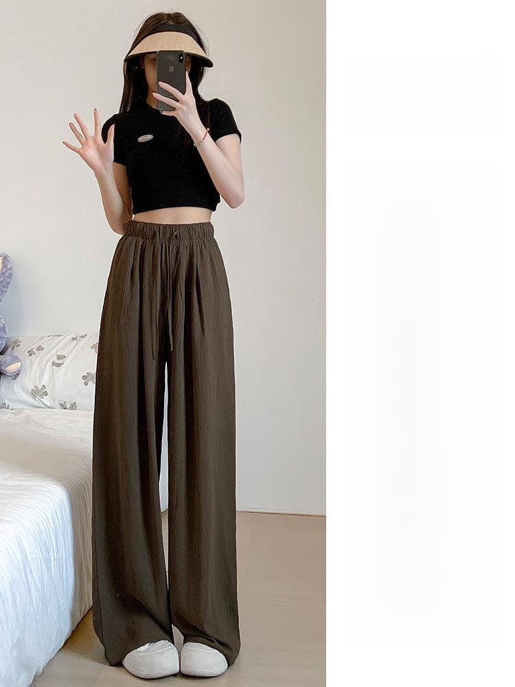 Women's Summer High-Waist Straight Brown Pleated Cotton-Linen Sunscreen Pants