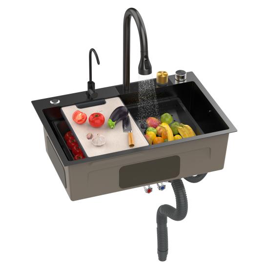 Drop in Single Bowl Bar Sink Black Waterfall Kitchen Sink, Stainless Steel with Cup Rinser, In/Undermount Farmhouse Workstation Multiple Accessories