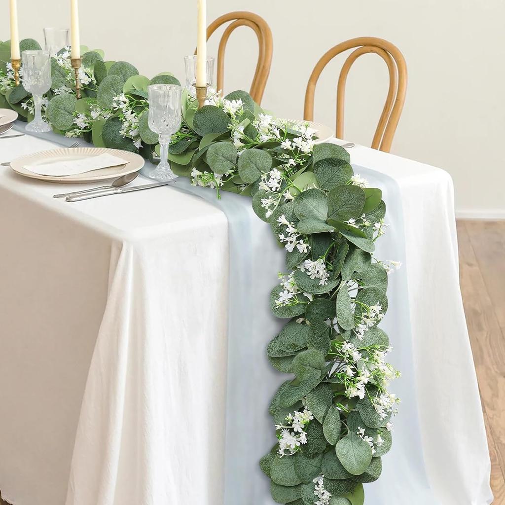 Eucalyptus Garland with White Flowers 4 Packs 5.9Ft Artificial Silver Dollar Eucalyptus Leaves Plant Fake Greenery Hanging Ivy Vines Faux Wreath