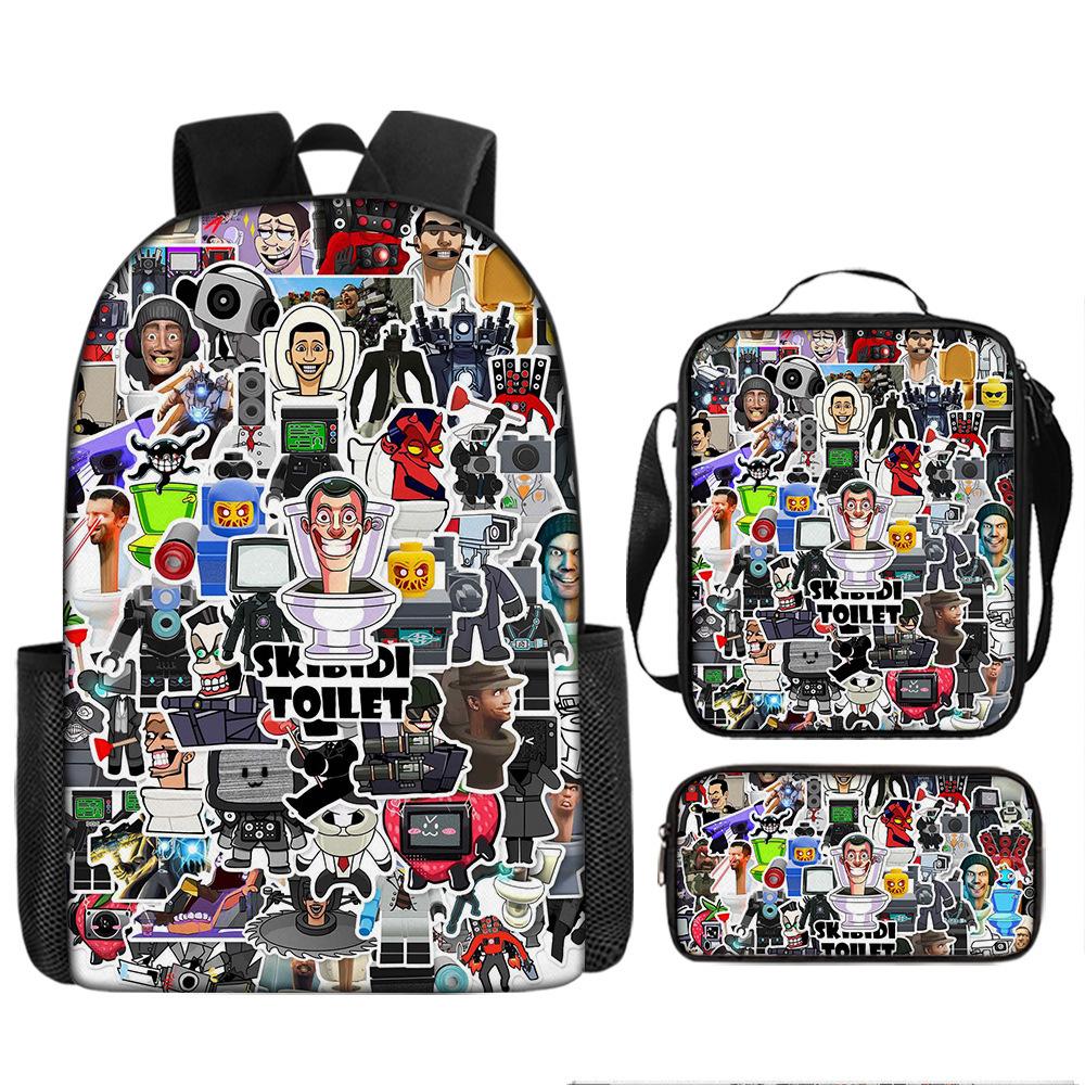 Toilet Man Backpack Trendy Backpack European and American Retro Schoolbag Cartoon Backpack Three-piece Set