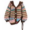 100kg Ethnic Style Foreign Trade Plus-Size Women's Color-Block Hooded Knit Cardigan, Lazy Style Sweater Coat, Slimming Effect