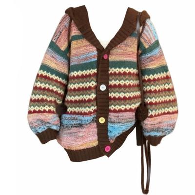 100kg Ethnic Style Foreign Trade Plus-Size Women's Color-Block Hooded Knit Cardigan, Lazy Style Sweater Coat, Slimming Effect