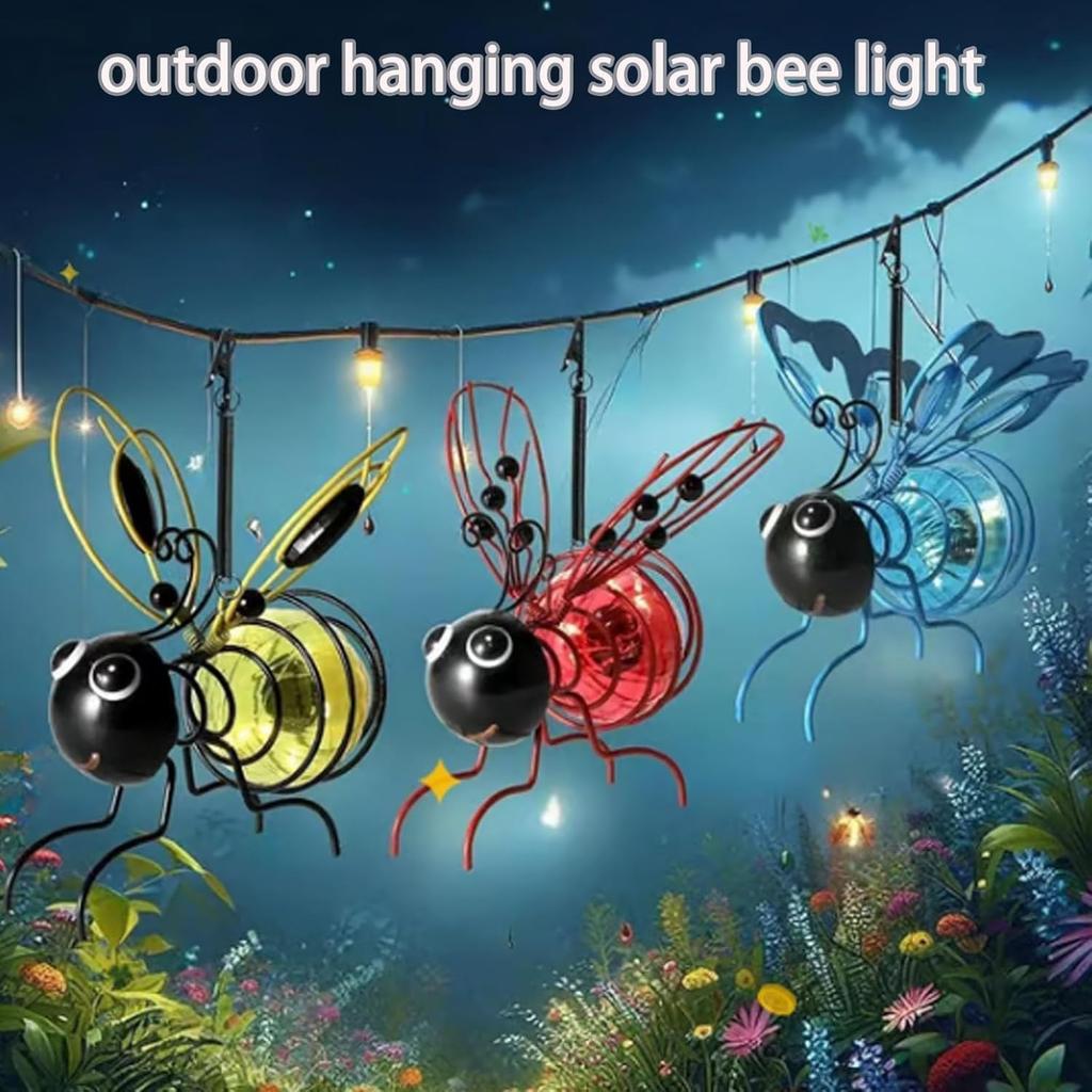 Solar Bees Lights Outdoor, Hanging Bee Solar Garden Lights Decor, Insect Bees Garden Decor for Outside, LED Bugs Lantern Decoration Bee Ornament