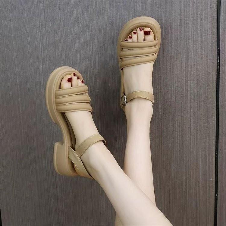 Thick High-heeled Sandals Women's 2025 Summer New Korean Version Open-toe One-word Buckle Fashion Platform Sandals Casual Beach Shoes