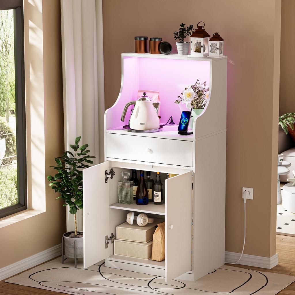 Cabinet - Wooden sideboard, 2 AC power ports/2 USB ports, Bluetooth LED light strip, single drawer, white.