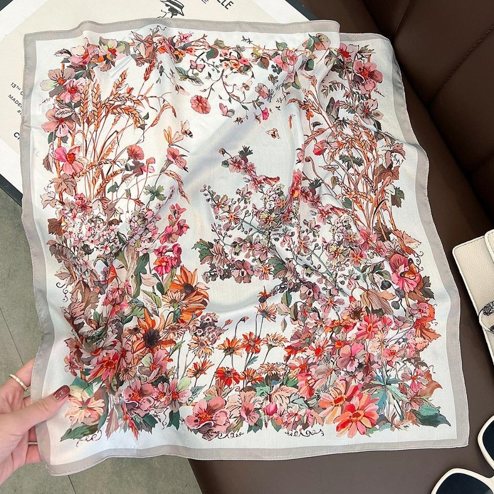 Silk Material Silk Square Scarf Floral Print Foulard Bandana Floral Print Scarf Summer Beach розовый