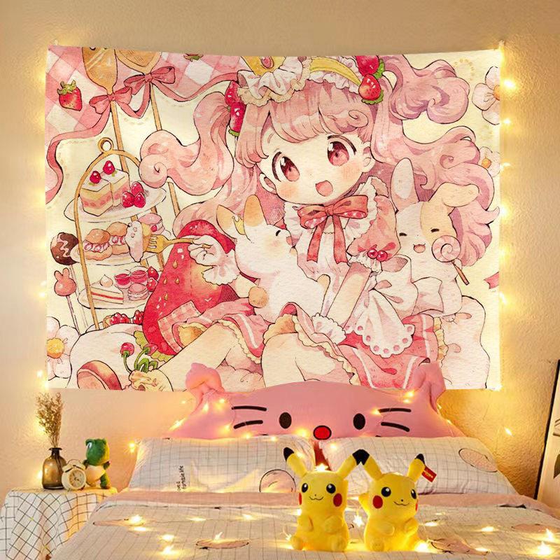 Cute girl and rabbit tapestry for bedroom decoration wall hanging background cloth headboard tapestry for student dormitories