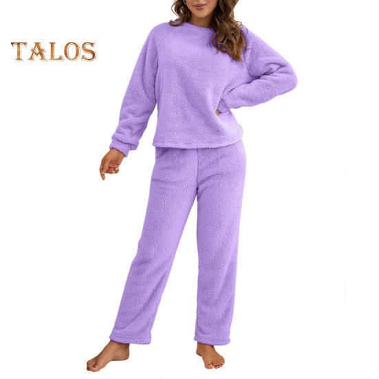 2 Pcs/Set Pajama Set Autumn Winter Casual Outfit Top Pants Set Round Neck Long Sleeve Top Elastic Waist Sport Tracksuit Daily Clothes Sleepwear