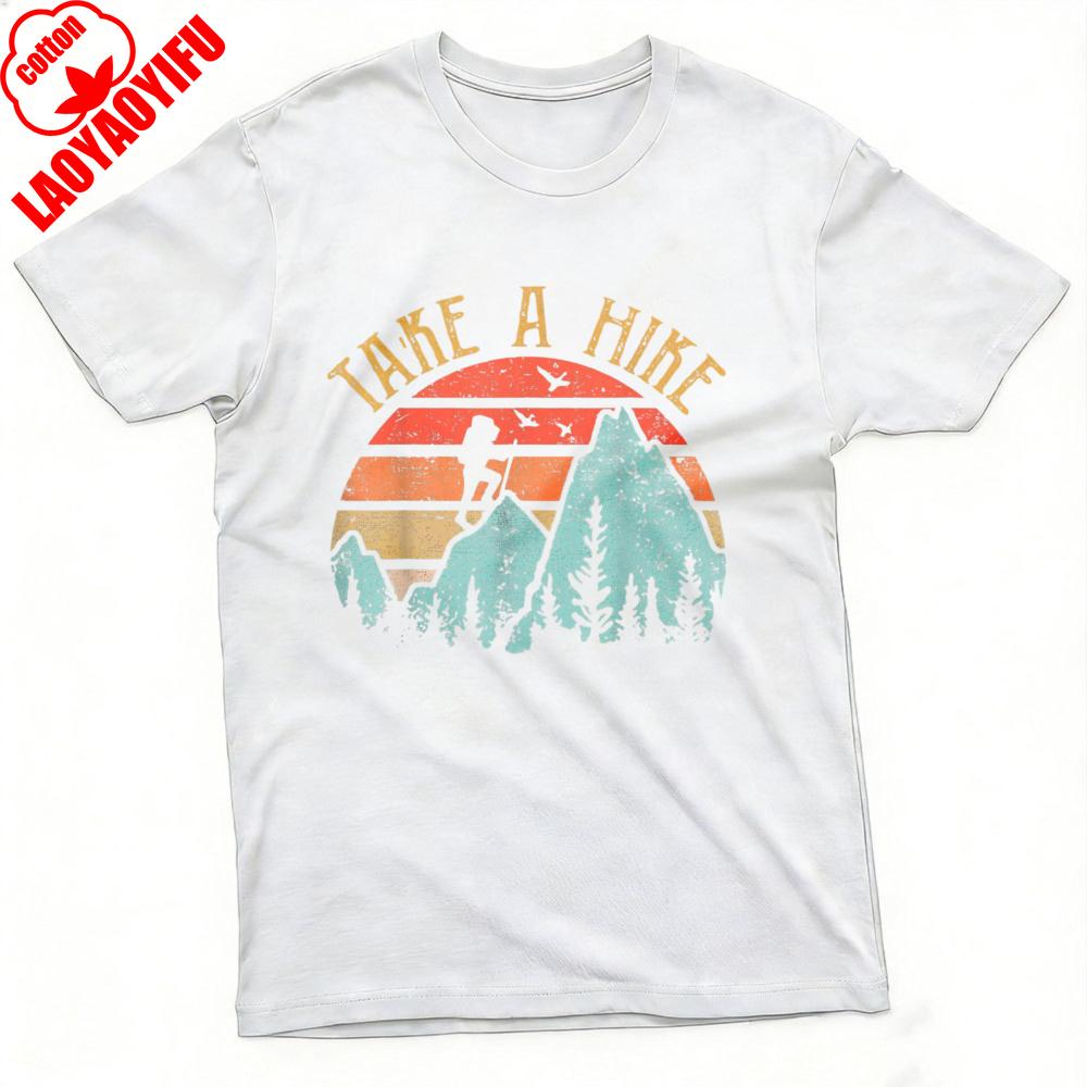 Take A Hike Mountain Sunset Design Summer Men TShirt Vintage Outdoor Style Casual Wear for Nature Adventure Enthusiasts Tops