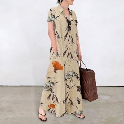 Women Dress A-line Lapel Loose Printing Shirt Sleeves Type Short Floral Button-down with Side Pockets Ankle Length Long