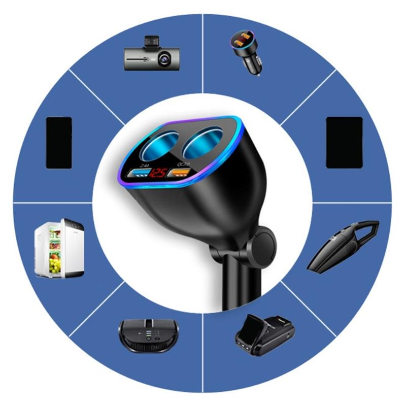 12V/24V 120W Vehicles Lighter Socket Double USB Port Quick Charging Car Charger Splitter Adapter with Blue LED Display