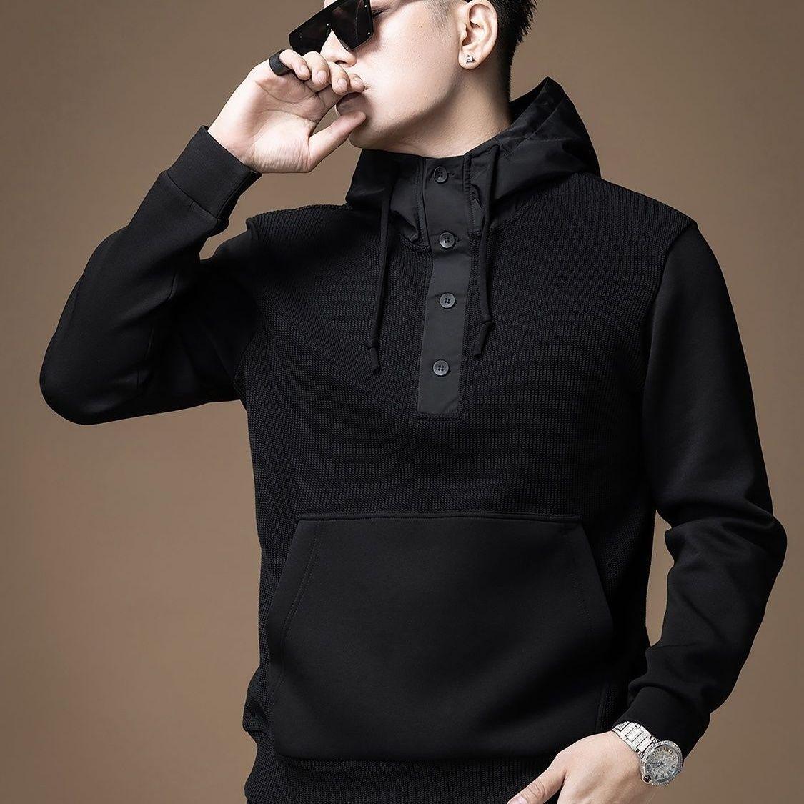

2026 Men s Fashionable Pullover: Fleece-Lined Winter Hoodie, Solid Color, Patchwork, Casual, Long-Sleeved 3XL