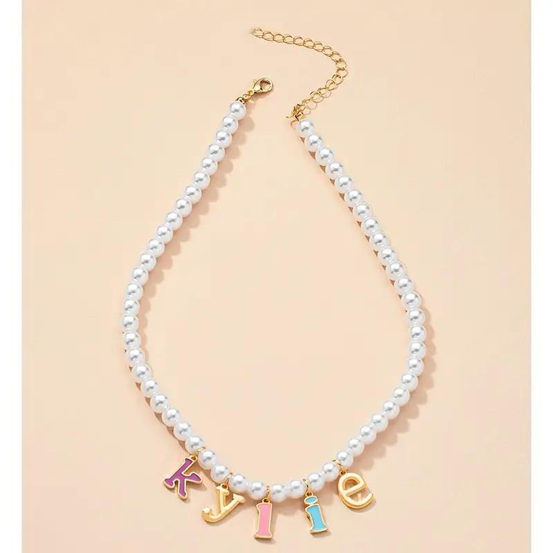 Custom Colorful Enamel Letter Name Necklace With Faux Pearl For Women Weddings & Engagements Personalized Jewelry Vintage Gift