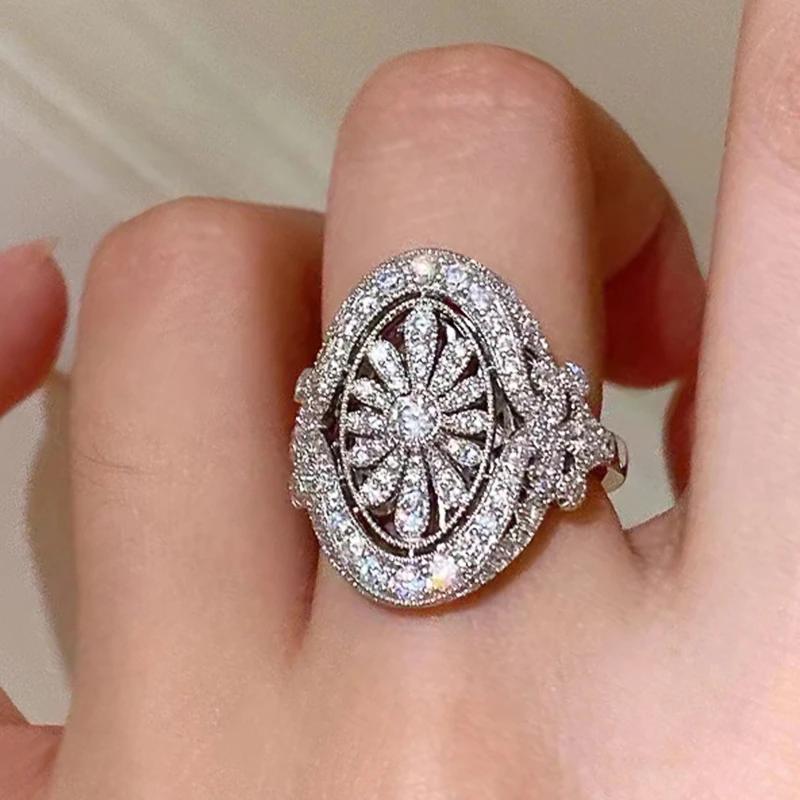 Huitan Elegant Hollow Out Design Women Ring Inlaid Full Shining CZ Fashion Finger Accessories for Wedding Daily Charming Jewelry