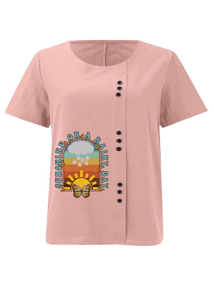 Women s Fashion Letter Butterfly Print Shot Sleeve T-shirt Loose Cotton Shirt Casual Loose Summer Blouse Tops Plus Size S розовый