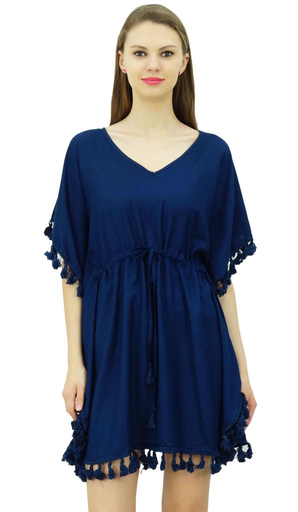 Bimba Women's V Neck Tassel Kaftan Short Rayon Caftan Designer Beachwear Coverup