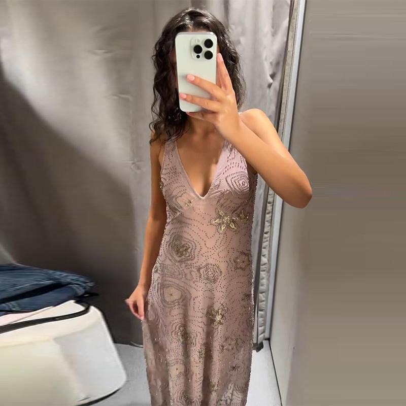 Mesh Sling Dress Women V-neck Diamonds Ruffles Long Dresses Female Backless Sleeveless Spring Summer Casual Lady Holiday Dress