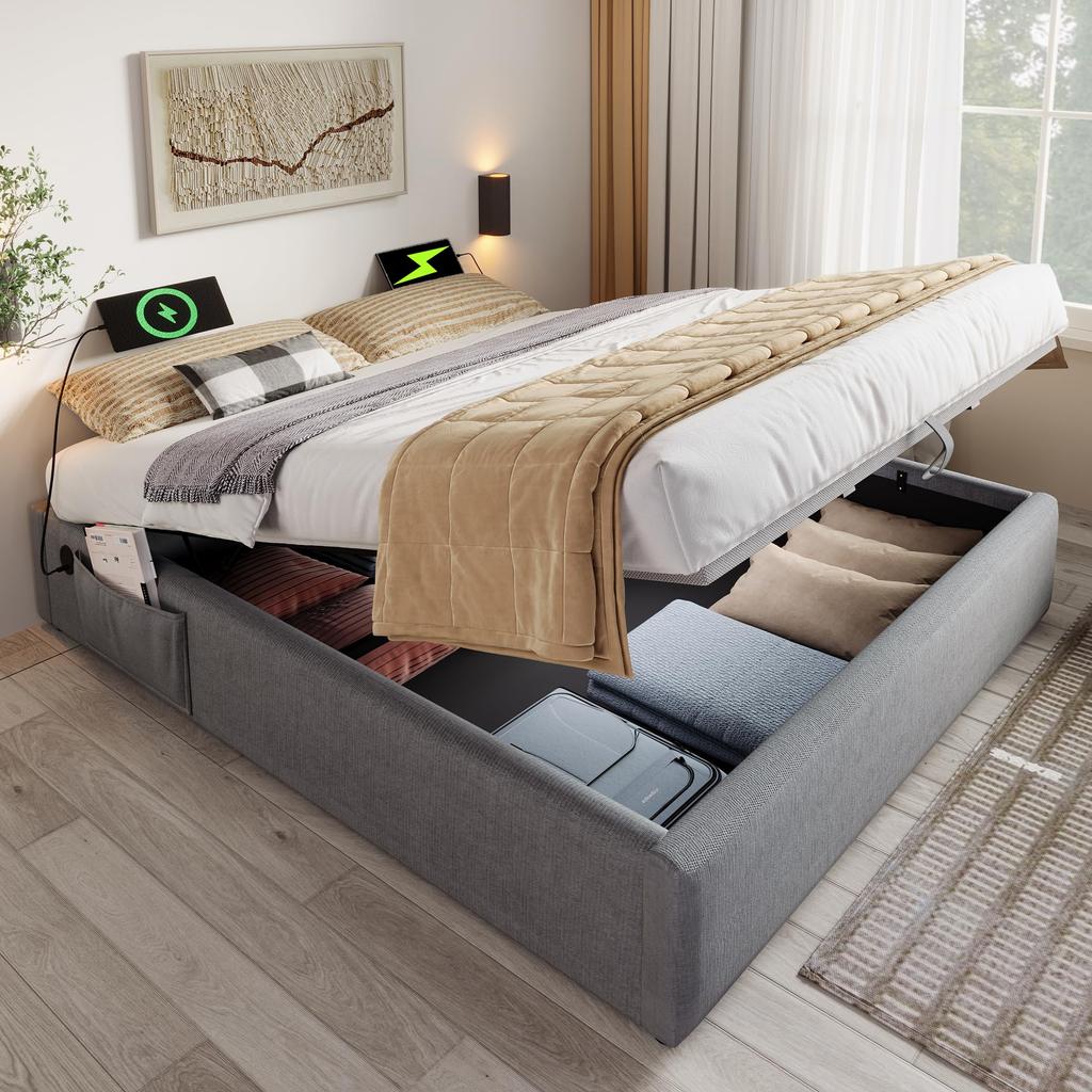 Polsterbett 90×190cm, Einzelbett Hydraulisch Stauraumbett mit Ladefunktion, Stabiler Bettrahmen Stoffbett mit Vollflächiger Lattenrost, Ohne Kopfte...