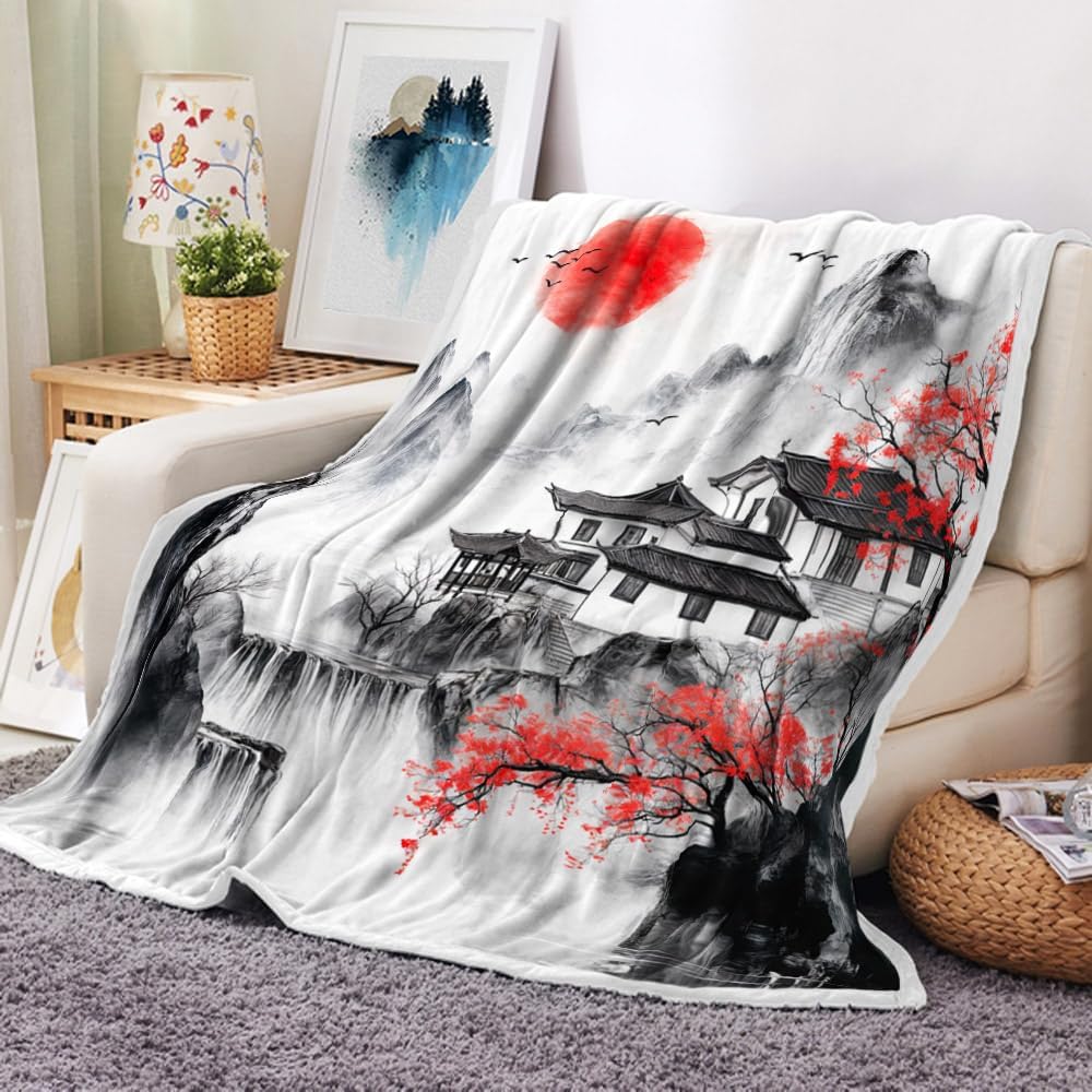 GUOYU Blanket Japanese Cherry Blossom Blanket Asian Japanese Wave Kanagawa Throw Flannel Blankets for Couch  Bed Asian Anime Mount Red Sun