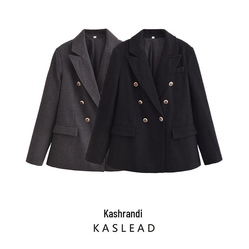 2024 Winter Women's European & American Double-Breasted Padded Shoulder Suit Jacket