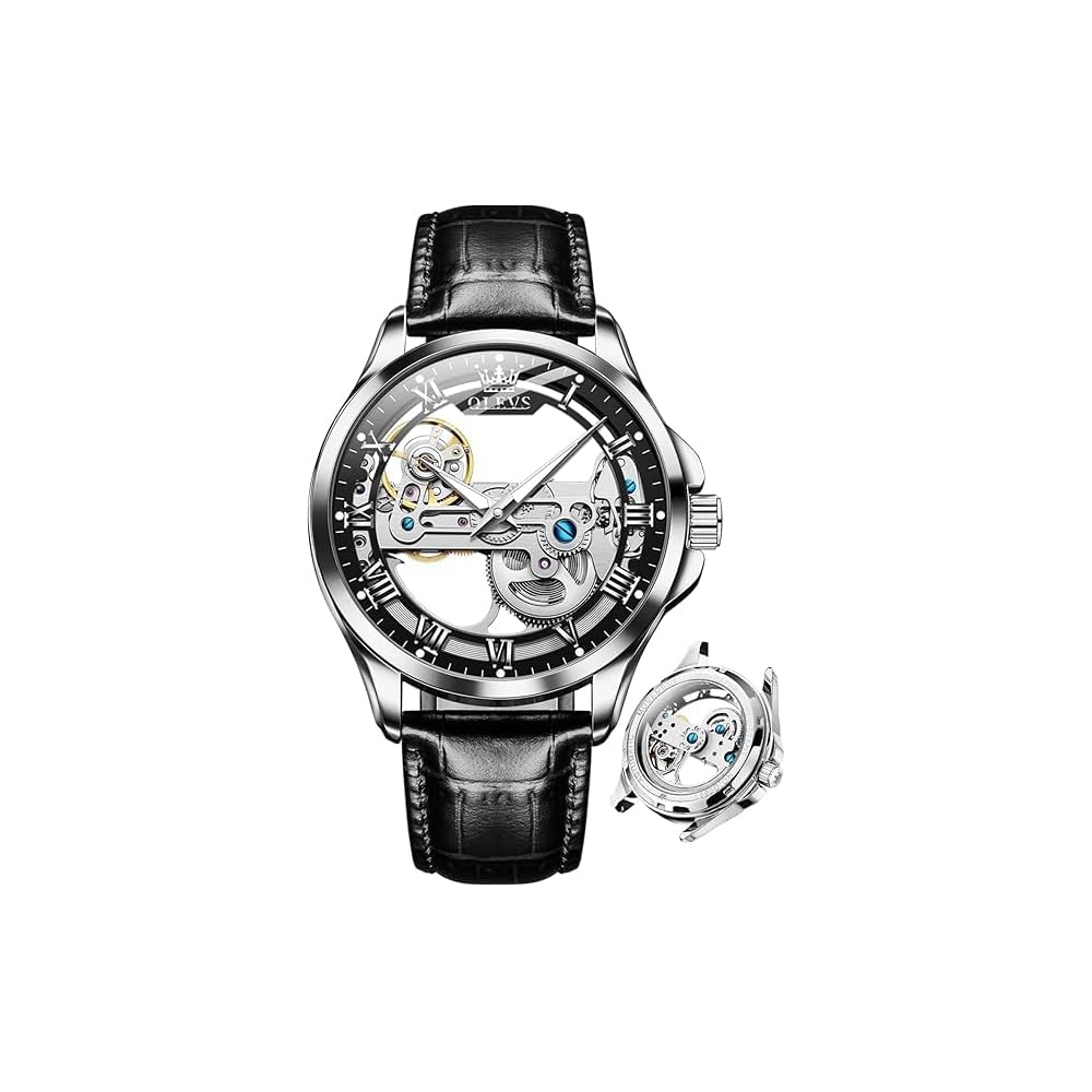 OLEVS Men s Automatic Mechanical Watch Transparent Skeleton Design Leather Strap Waterproof Black