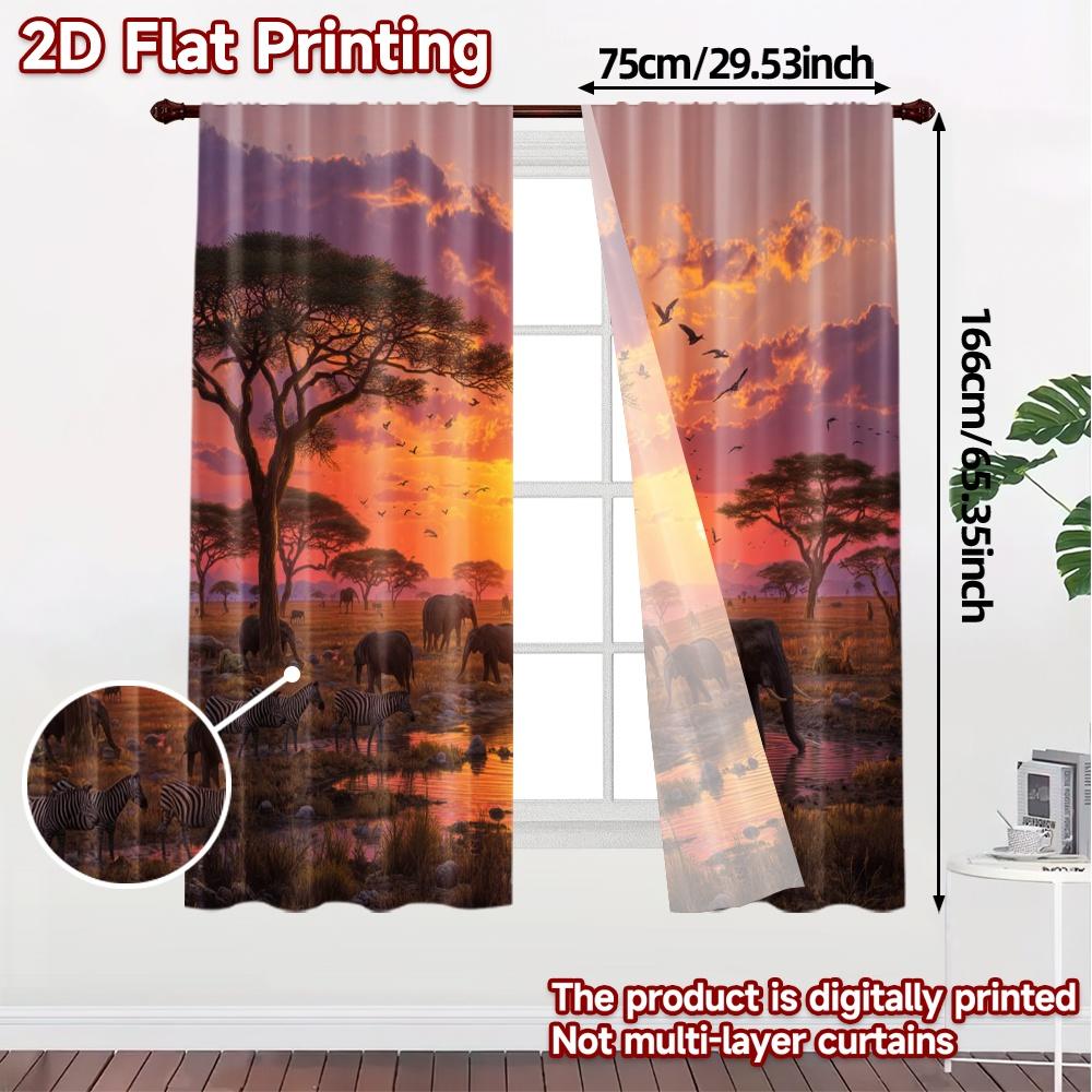 2pcs, 2D FLAT PRINTING Curtains (Without Rod) Savanna Sunset(1) Chic Curtains Versatile Polyester Curtains Decorations