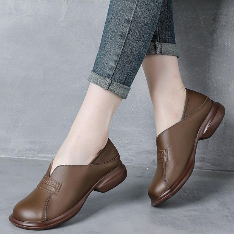 Round Head Wide Feet Women's Shoes Retro British Style Leather Shoes Thick Heel Single Shoes Genuine Leather Middle-aged Women's Shoes