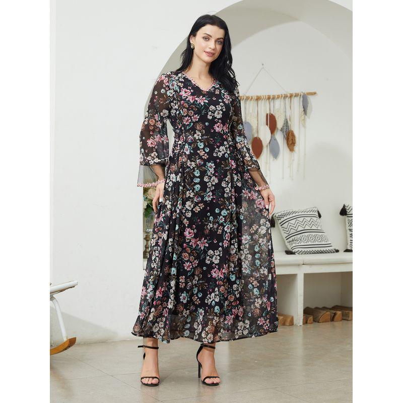 Western Style New Fashion Casual Loose Print V-neck Long sleeve dress V-Neck Printed Dress