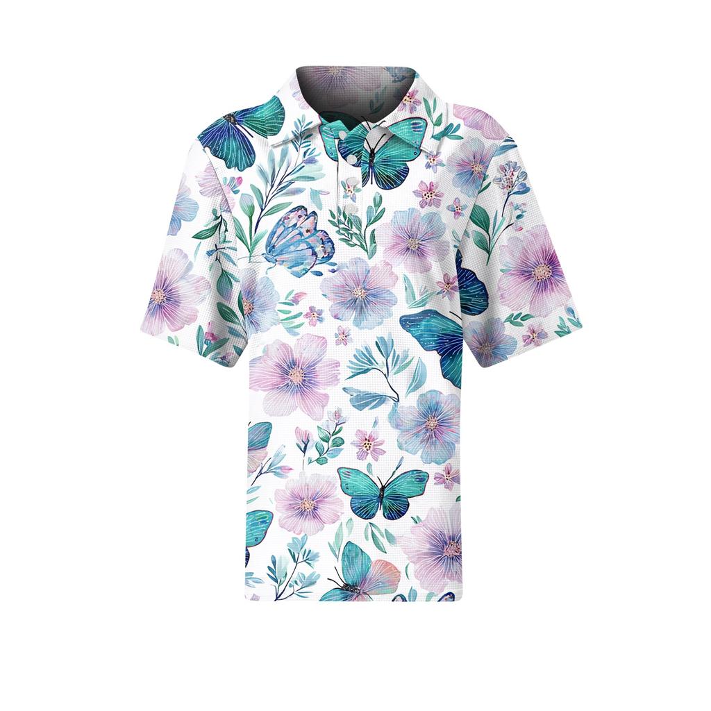Women's Casual Short Sleeve Floral Print Waffle Knit Polo Shirt Relaxed Fit Button Down Collar Top for Everyday Wear
