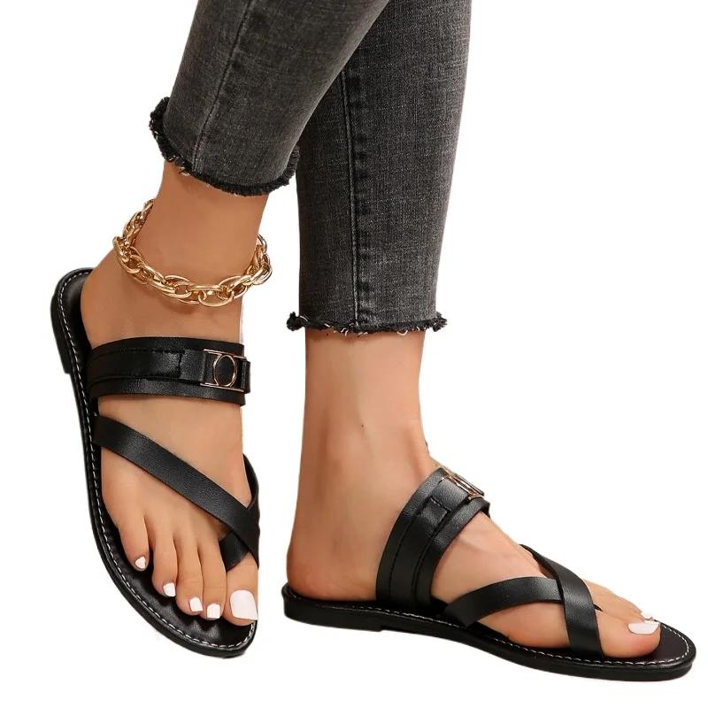 Modeschuhe für Damen 2024 Heißer Verkauf Zehensteg Damen Hausschuhe Sommer Rom Einfarbig Outdoor Lässig Strand Flach Bequem Große Größe Hausschuhe