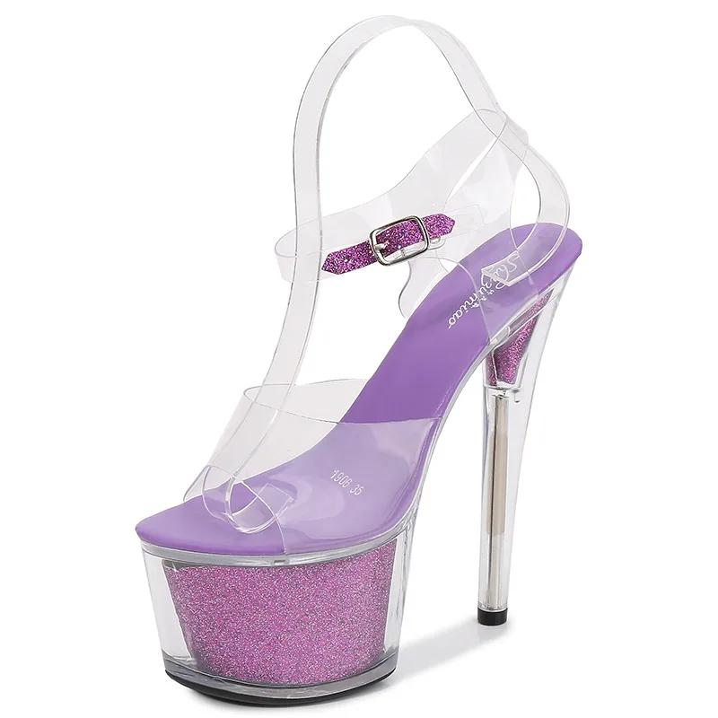 Fashion Women Designer Sandals Nightclub Model Shoes Super High Heels 16.5Cm Stiletto Sandals Transparent Crystal Shoes