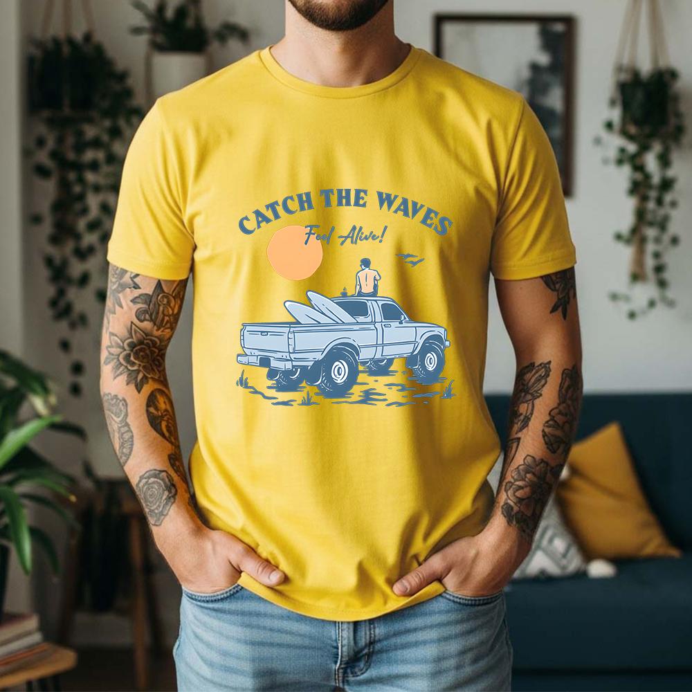 2026 Summer 100 Cotton Catch The Waves Graphic Oversized Tee Surf Pickup Summer Casual Themed Short Sleeve