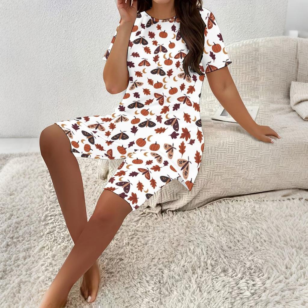 Women Plus Size Round Neck Short Sleeve Longline Top Printed Pumpkin Bat Bow White Two Piece Pajama Set