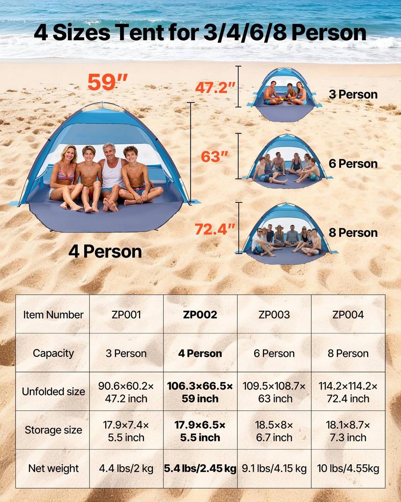 VEVOR Beach Tent Sun Shelter for 4 Person, UPF 50+ Protection, Portable Sun Shade Canopy with Carrying Bag & Sand Pockets