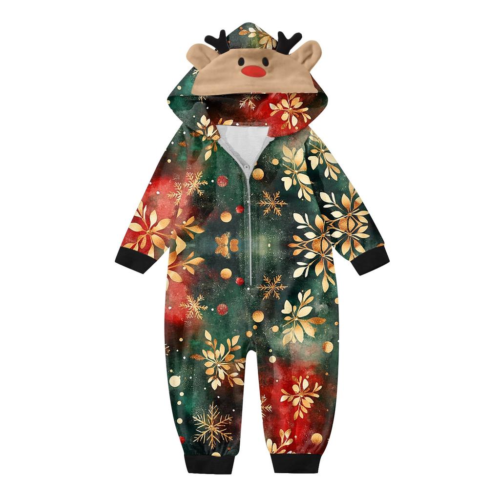 Parent Child Outfit - Christmas Print Family Matching Hooded Long Sleeved Zippered Jumpsuit Set