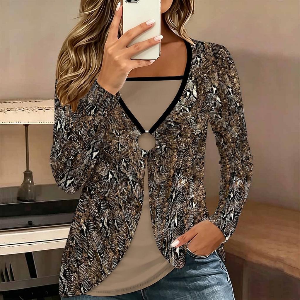 Tops for Women  Floral Print Long Sleeve Fake Two‑Piece Top Fall Casual Slim Pullover Women's Long Sleeve Top