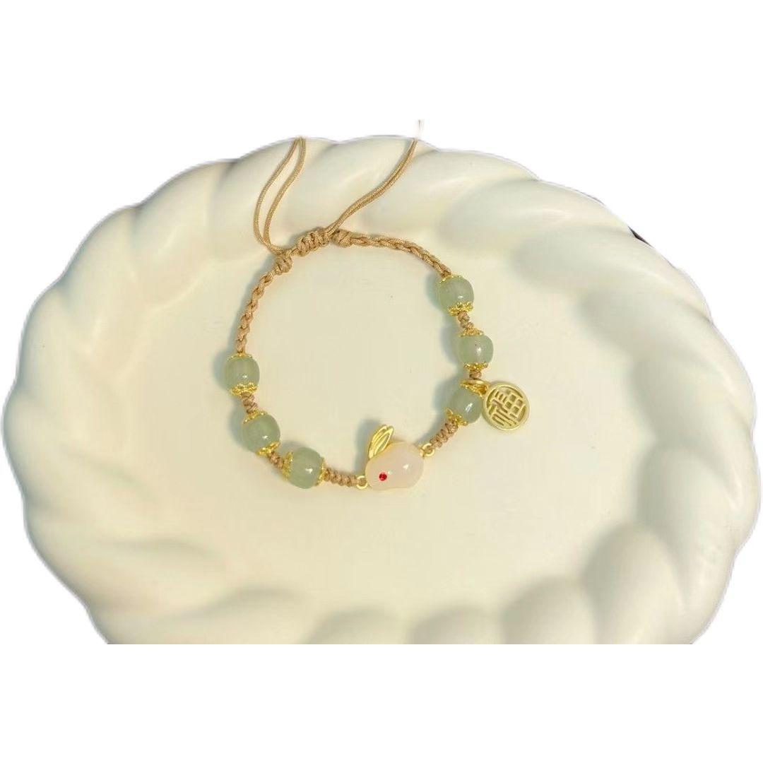 

Рукодільний браслет з нефри з ієрогліфом Фу та кроликом, простий етнічний мотузковий браслет, різнокольоровий мотузок для Свята середини осені