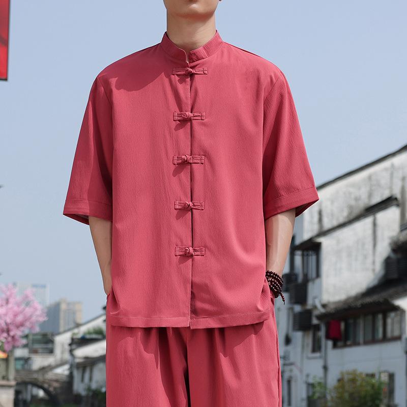 Koszula męska w stylu chińskim, letnia, z guzikami w kształcie dysku, z rękawami trzy czwarte, swobodna, ze stójką, w jednolitym kolorze, w dużych rozmiarach
