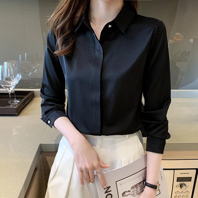 Langarmshirt Damen Frühling Herbst Satin Temperament Vielseitig Lockeres Freizeithemd