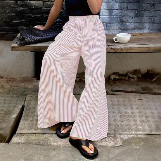 Women Pants with Pockets, Casual Wide Leg Trousers with Elastic Waist, Loose Fit Striped Print Pants for Everyday Wear