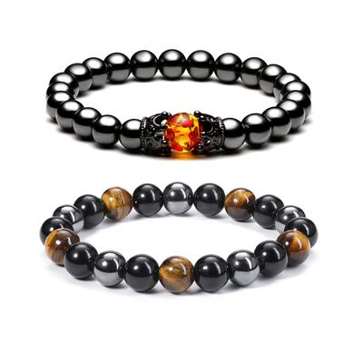 Hematite Obsidian Crown Bracelet 8mm Yellow Tiger Stone Bracelet for Couples