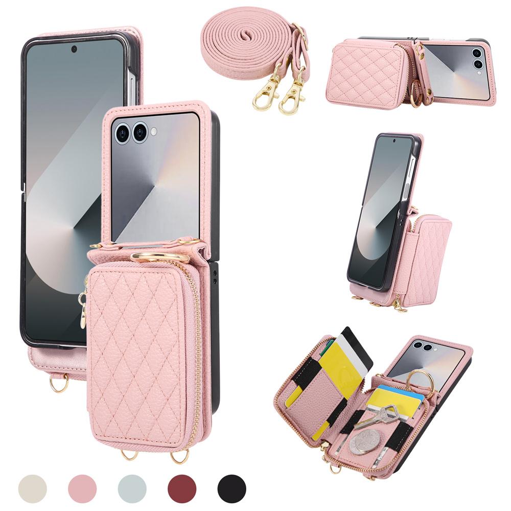 Crossbody Zipper Wallet Card Solt Holder Phone Case for Samsung Galaxy Z Flip 7 6 5 4 3 Flip 7 FE Leather Purse Bracket Cover