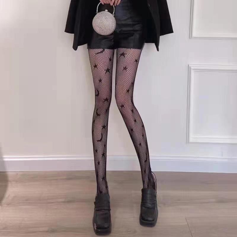 Lolita Sexy Jk Fishnet Stockings JK Girls Tights Black Star Moon Pattern Pantyhose Ladies Stocking Big Elastic Girls WomenTights