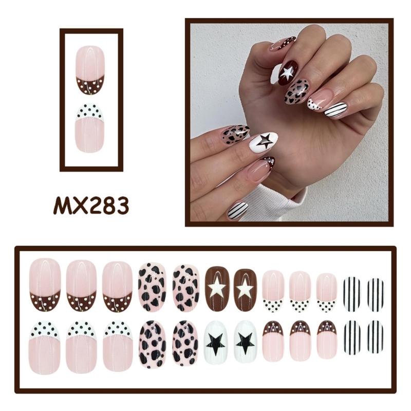 Short Oval Press On Nail With Mixed Pattern Art, Leopard Star Dot Stripe False Nail Set, 10Piece Manicure Kit for Party