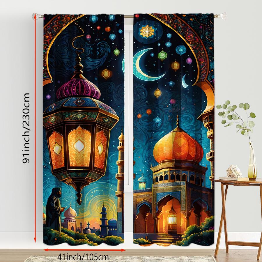 2PCS Islamic Mosque Lantern Curtains   Star and Moon Festival Celebration Wind   Bedroom and Living Room   Pull Up Pocket Style