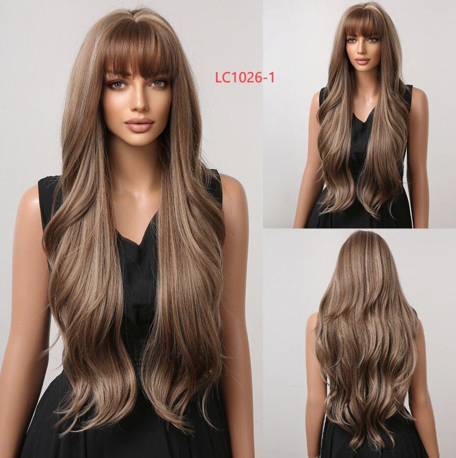 ALAN EATON Long Water Wave Ombre Dark Brown Wigs for Black Women Afro Cosplay Daily Hair Wigs with Bangs High Temperature Fiber