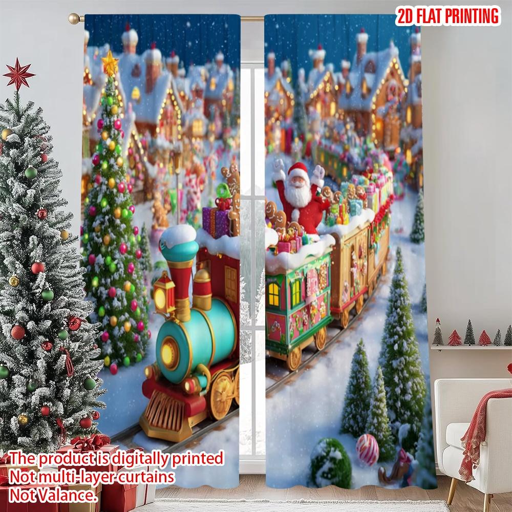 

2pcs 2D flat printing Christmas Curtain Santa Claus Christmas Train Picture Fabric Without Electricity Festive Curtains Use for 100*130 Grommet Top 1pcs